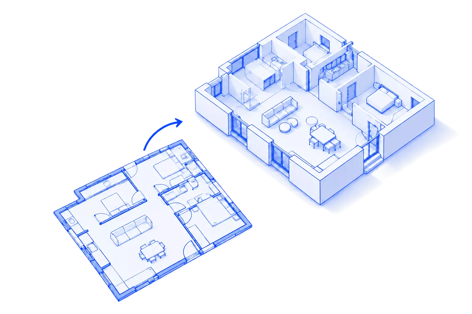 2D floor plan converted into a 3D view